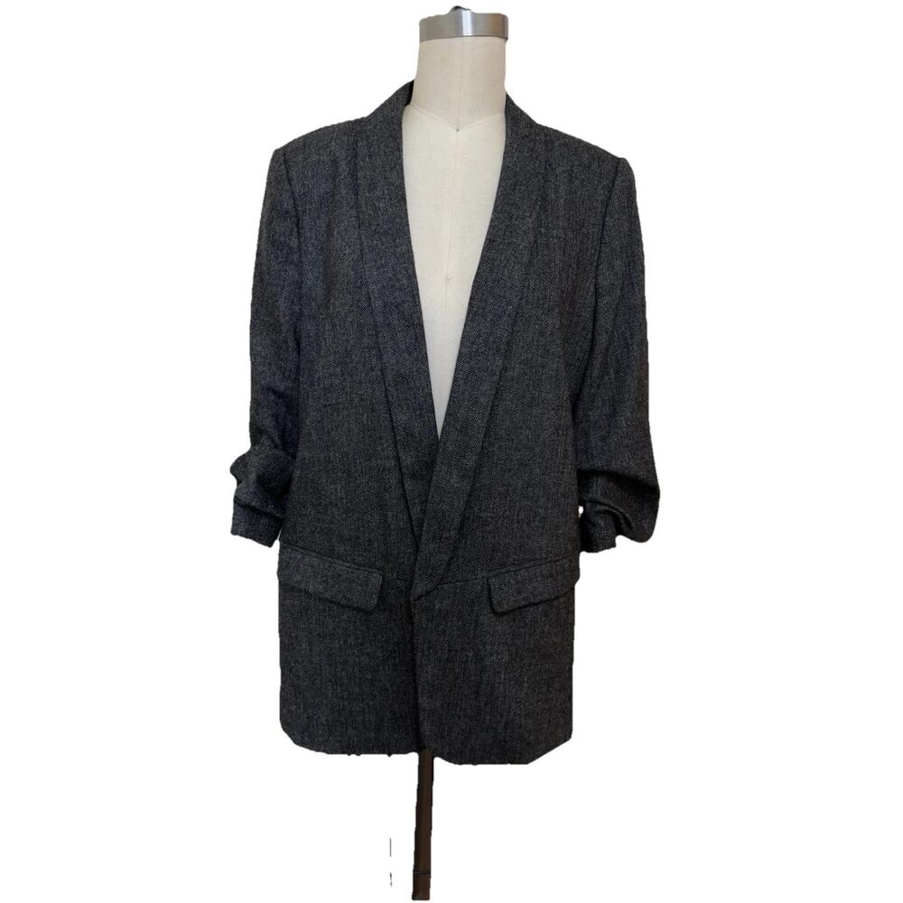 Zara Woman XL Gray Herringbone Ruched Sleeves Blazer Preppy Staple Classic $119 - Picture 3 of 13
